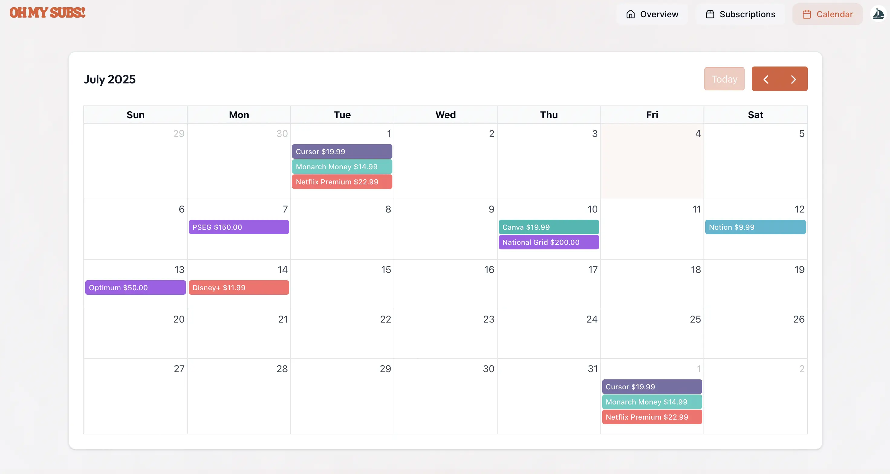 Oh My Subs Calendar View