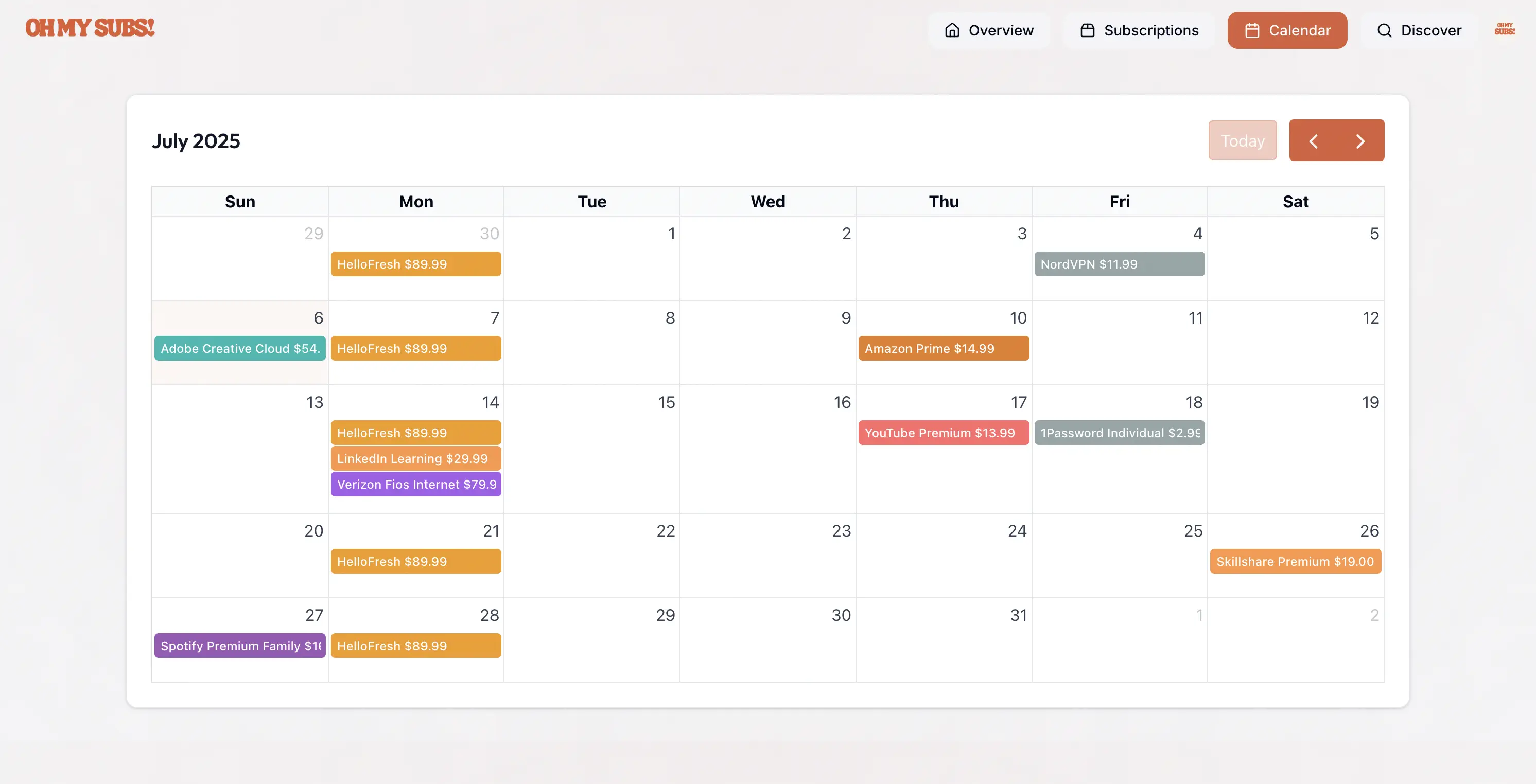 Oh My Subs Calendar View